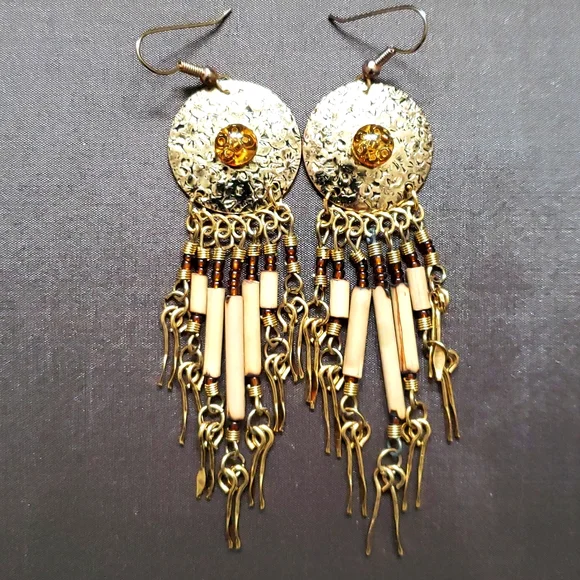 🔥HP🔥Boho chandelier earrings, gold tone, Amber center stone - Picture 8 of 8